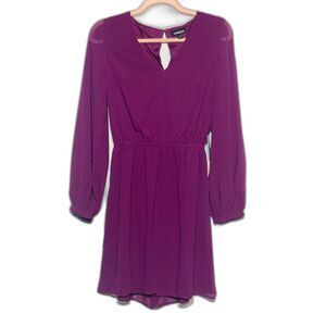 Express NWT Plum Magenta Chiffon Long Sleeve Mini Dress Tie Waist Fit Flare Sz S